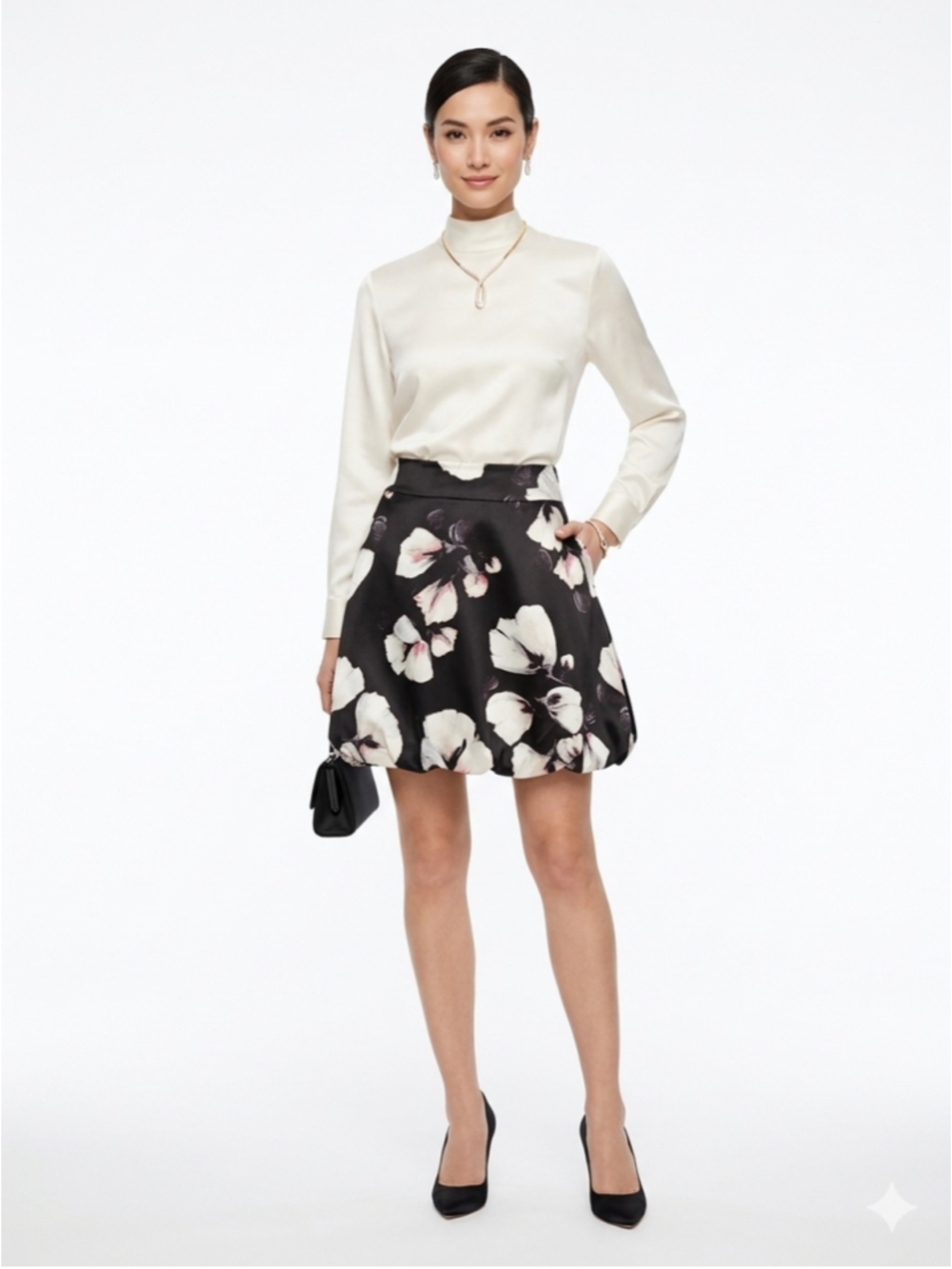 White House Black Market 100% Silk Floral Bubble Hem Mini Skirt Black Size 6